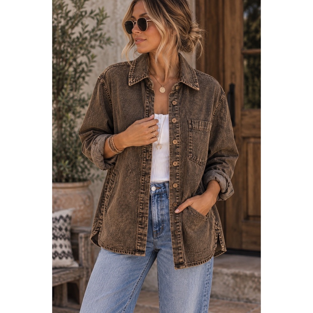 Joan Rivers Brown Acid Wash Shirt Jacket Shacket Petite Medium Pockets